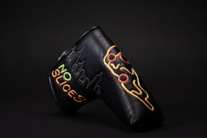 Black golf headcover made for a blade putter like a Scotty Cameron Newport 2 and many other brands. This pizza putter cover shows neon pizza signs from New York City where the pizza shop only allows whole pies to be purchased and has a no slices policy. The nyc skyline is embroidered on this high quality golf putter cover. You’ll love to take one bite or more from this headcover