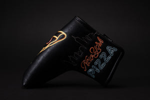 Black golf headcover made for a blade putter like a Scotty Cameron Newport 2 and many other brands. This pizza putter cover shows neon pizza signs from New York City where the pizza shop only allows whole pies to be purchased and has a no slices policy. The nyc skyline is embroidered on this high quality golf putter cover. You’ll love to take one bite or more from this headcover
