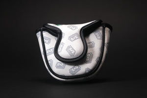 Cool golf putter headcover showing the cash boy or paperboy throwing paper or stacks of cash while riding a black bike and wearing joggers and a sweatshirt that fits most mallet covers and is made of luxury materials