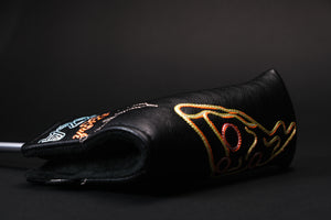 Black golf headcover made for a blade putter like a Scotty Cameron Newport 2 and many other brands. This pizza putter cover shows neon pizza signs from New York City where the pizza shop only allows whole pies to be purchased and has a no slices policy. The nyc skyline is embroidered on this high quality golf putter cover. You’ll love to take one bite or more from this headcover