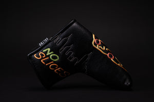 Black golf headcover made for a blade putter like a Scotty Cameron Newport 2 and many other brands. This pizza putter cover  shows neon pizza signs from New York City where the pizza shop only allows whole pies to be purchased and has a no slices policy. The nyc skyline is embroidered on this high quality golf putter cover. You’ll love to take one bite or more from this headcover
