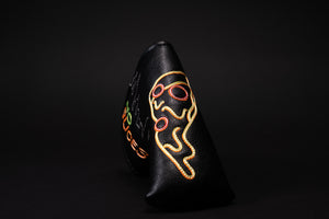 Black golf headcover made for a blade putter like a Scotty Cameron Newport 2 and many other brands. This pizza putter cover shows neon pizza signs from New York City where the pizza shop only allows whole pies to be purchased and has a no slices policy. The nyc skyline is embroidered on this high quality golf putter cover. You’ll love to take one bite or more from this headcover