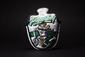 Cool golf putter headcover showing the cash boy or paperboy throwing paper or stacks of cash while riding a black bike and wearing joggers and a sweatshirt that fits most mallet covers and is made of luxury materials