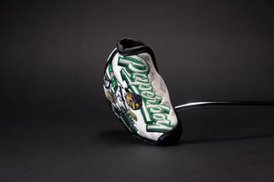 Cool golf putter headcover showing the cash boy or paperboy throwing paper or stacks of cash while riding a black bike and wearing joggers and a sweatshirt that fits most mallet covers and is made of luxury materials